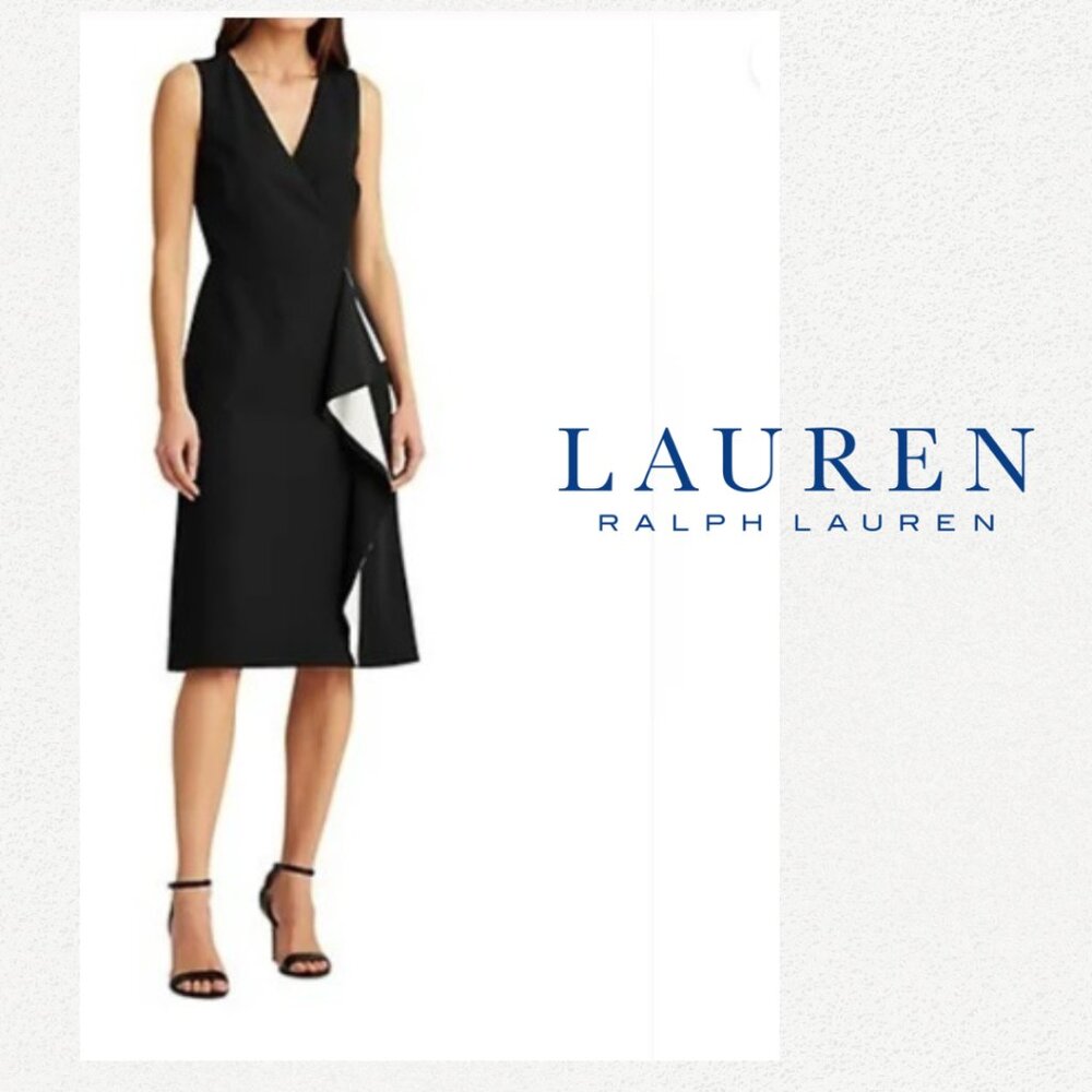 LRL LAUREN RALPH LAUREN Women's Midi Cocktail Dress Black & White Sleeveless